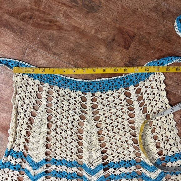 Vintage Hand Crocheted Waist Apron Womens S Retro 60s Blue Ivory Doily Grandma - Picture 5 of 7
